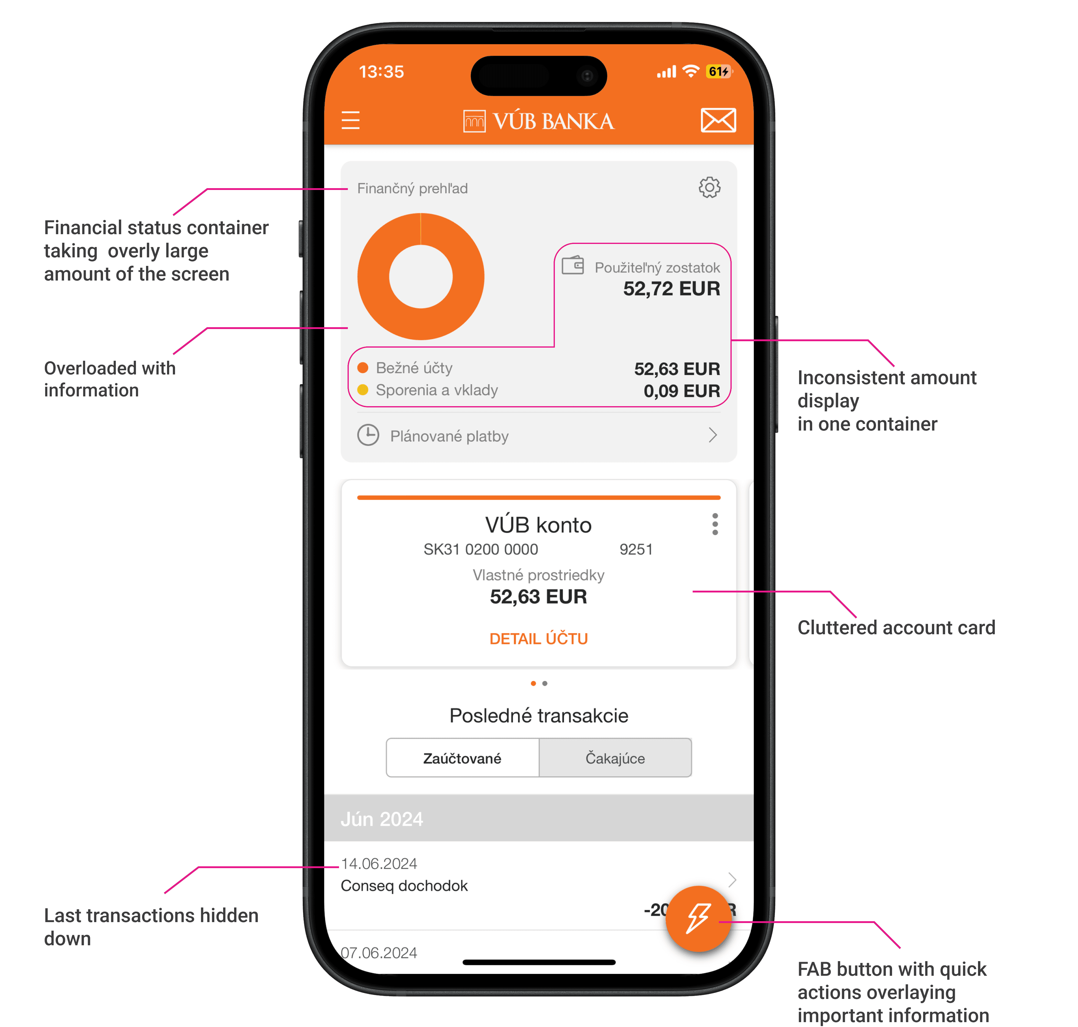 Before: VÚB Banking App home screen redesign