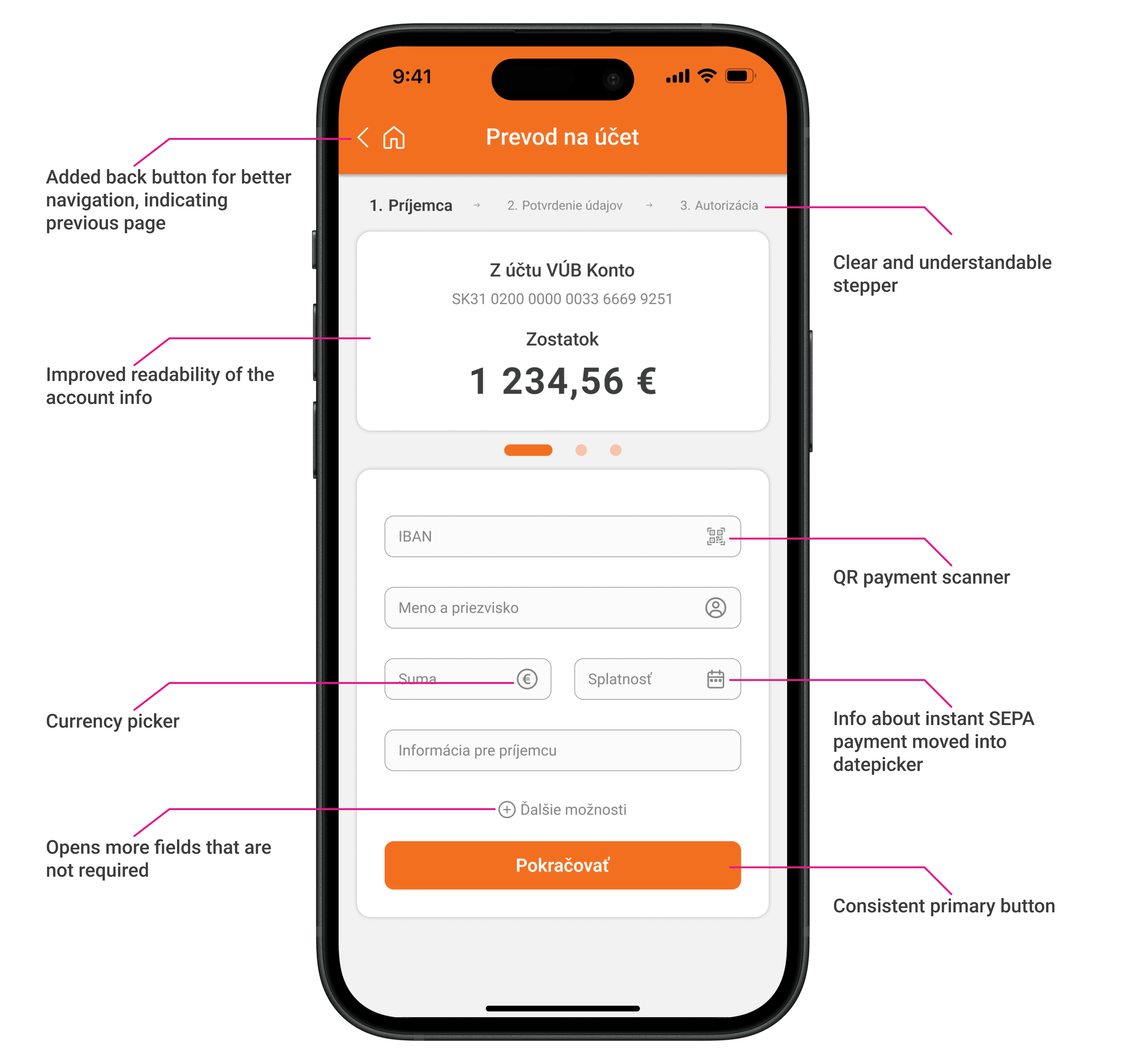 After: VÚB Banking App transfer flow redesign
