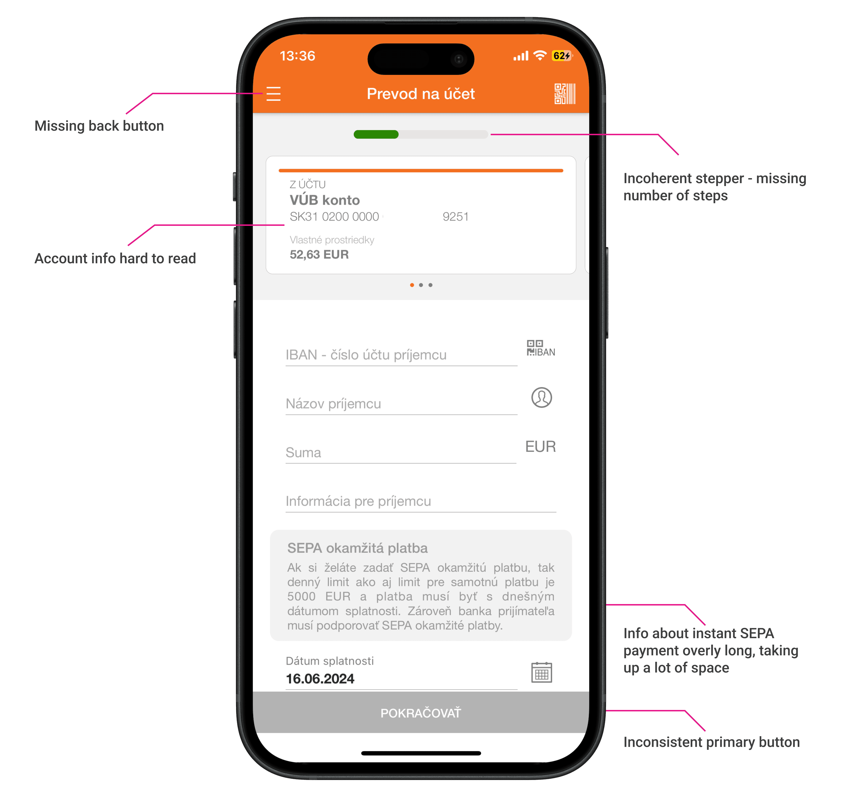 Before: VÚB Banking App transfer flow redesign