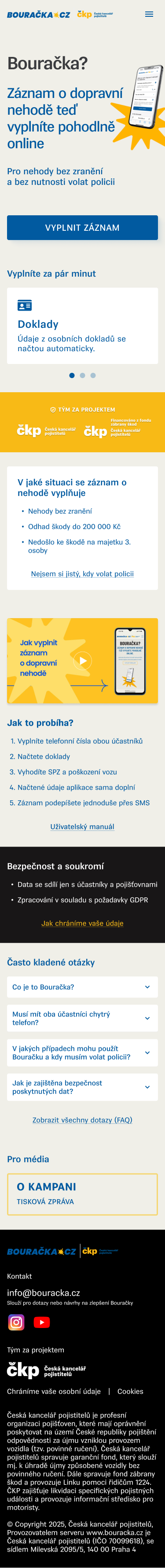 Bouracka mobile homepage after restructuring for real incident usage